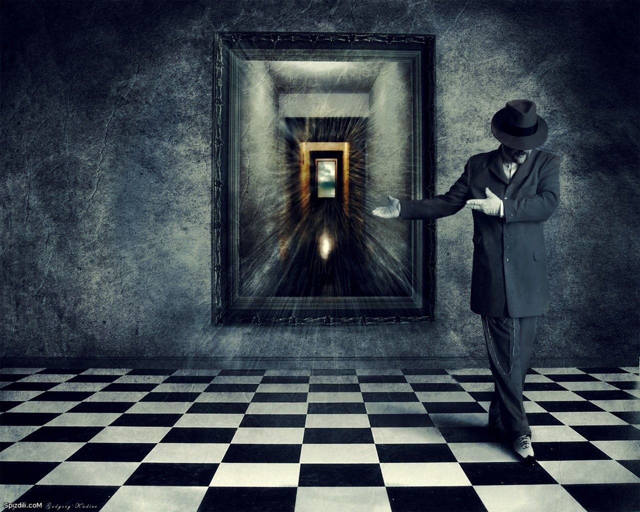 A man in a hat gestures towards a framed corridor of light above a black-and-white chequered floor